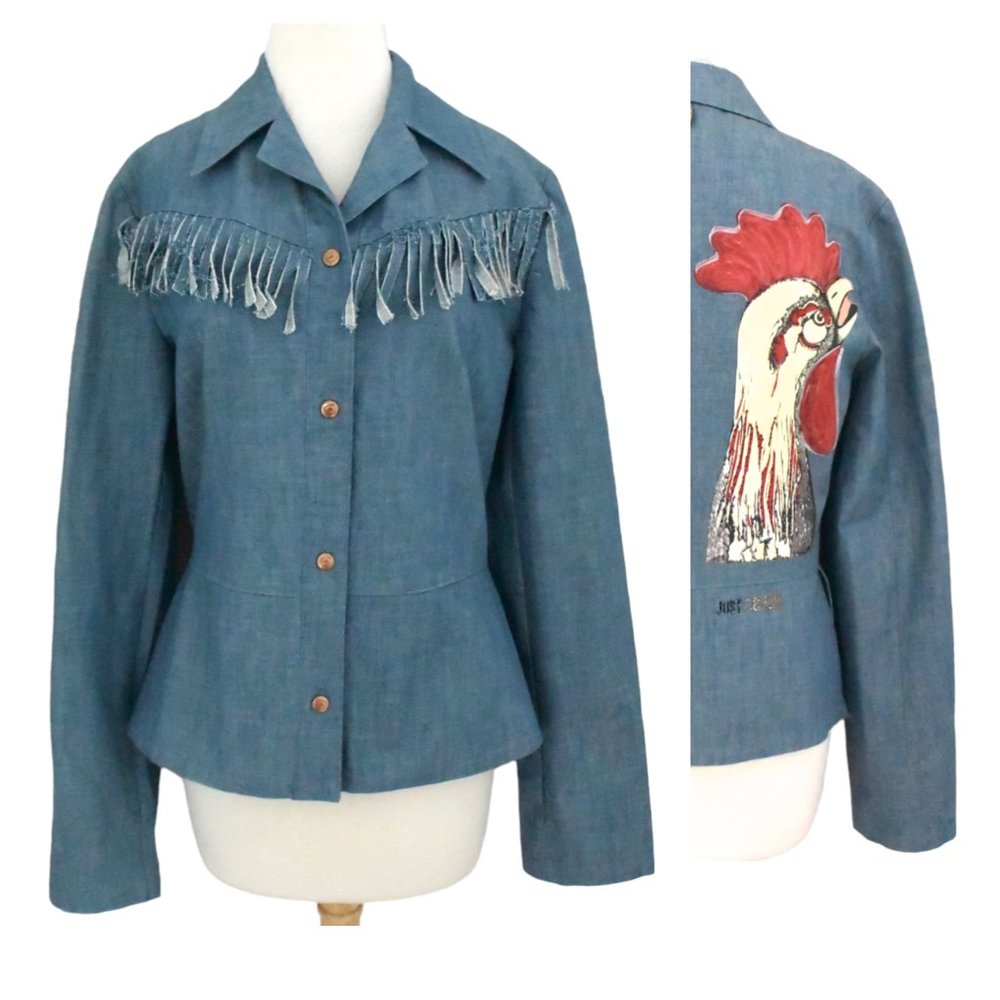 JUST CAVALLI fringed denim jacket NWT painted Rooster